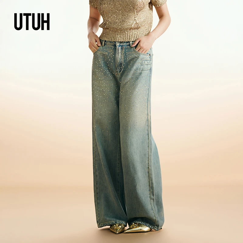 UTUH 蓝色直筒洗水高腰休闲牛仔长裤女宽松显瘦 TUWFR3K106