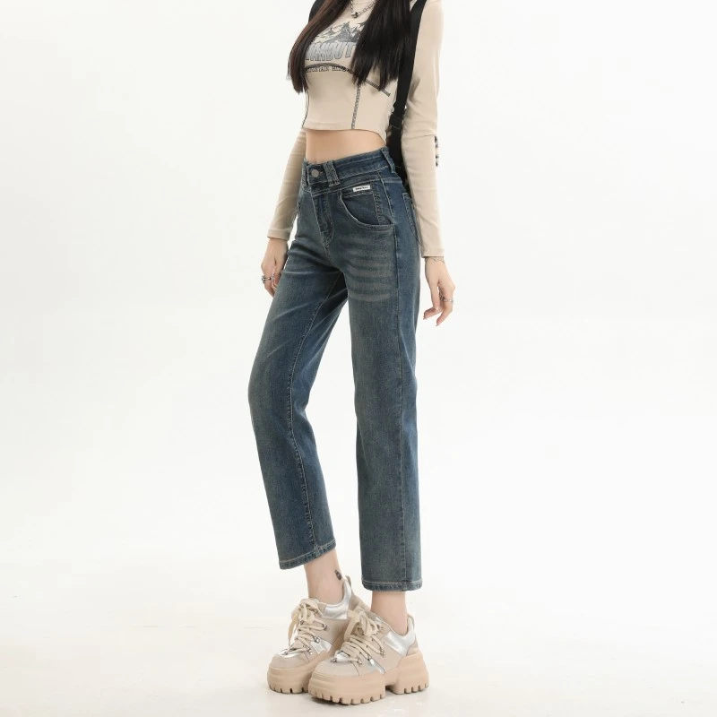 法棍直筒牛仔裤女2023春秋新款高腰弹力显瘦百搭小个子九分烟管裤