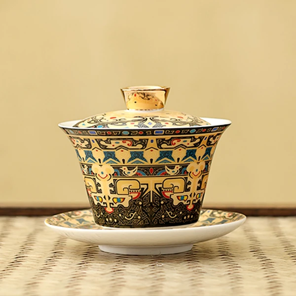 唐卡悬停三才盖碗羊脂玉瓷家用高档陶瓷泡茶碗可旋转茶功夫盖碗