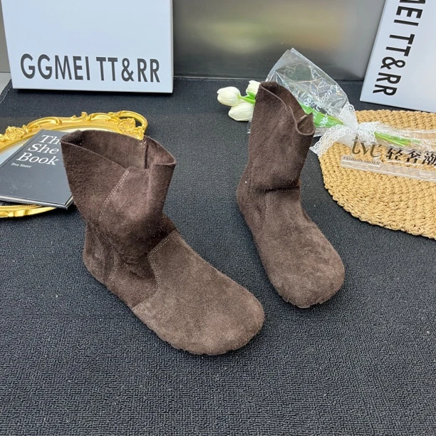 憨憨靴百搭女2025新款磨砂西部靴平底复古风文艺森女中筒软皮秋季