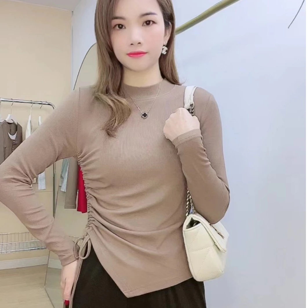 新款小圆领长袖t恤女秋冬新款抽绳打底衫修身显瘦纯色百搭上衣女