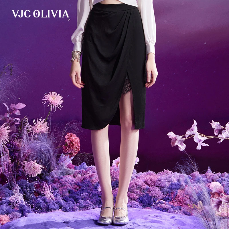 VJC OLIVIA2024春夏女装新款女士黑色高腰半身裙V23BS1105
