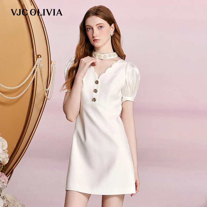【美娇粉丝专属】VJC OLIVIA女装气质白色花边领A字裙