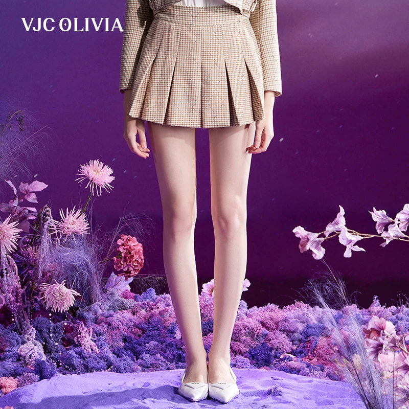 VJC OLIVIA 春夏学院风复古格子短裤高腰百褶A字裙新款V23AP1261
