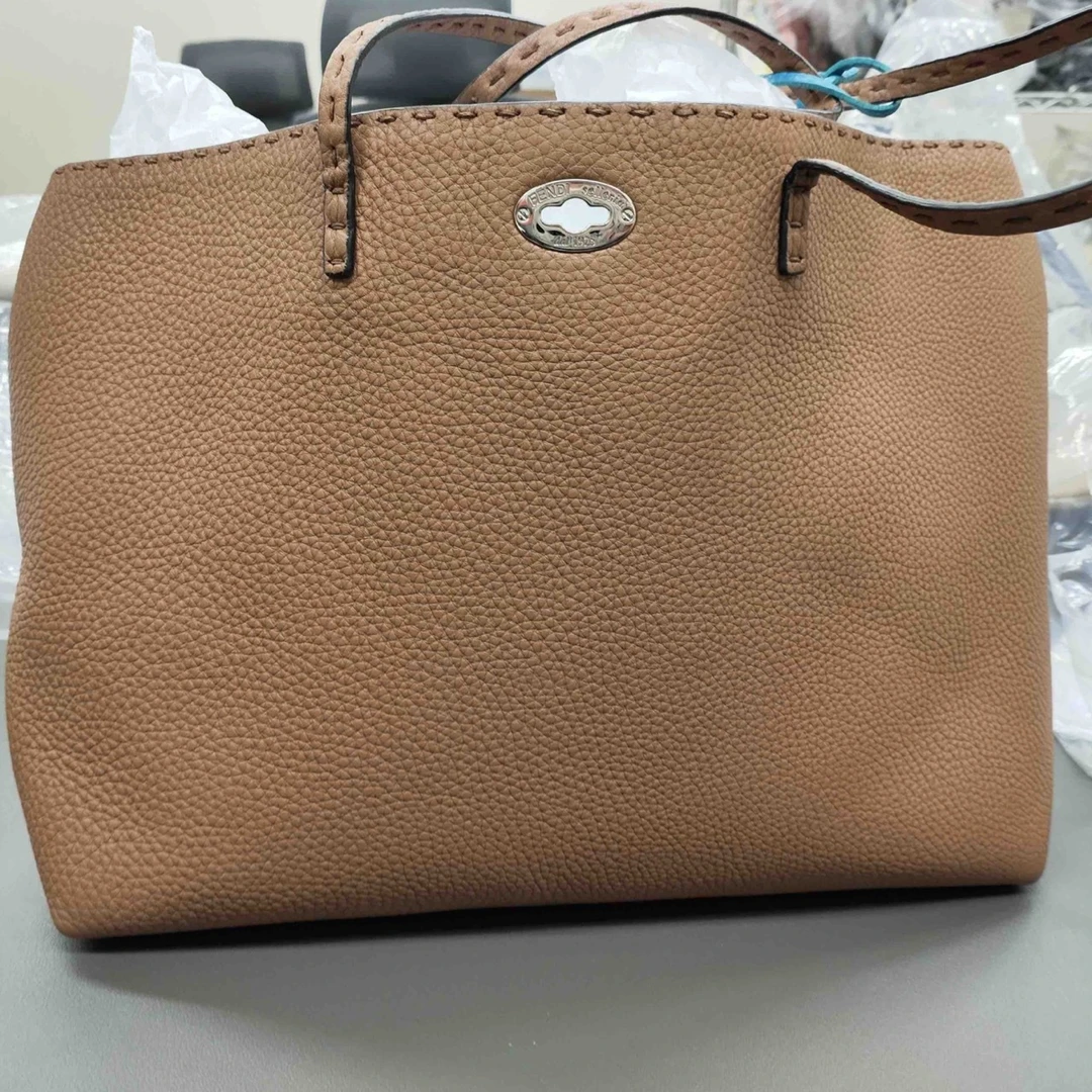 95新 FENDI/芬迪 芬迪Fendi栗拼孔雀蓝neverfull荔纹皮托特39BJ