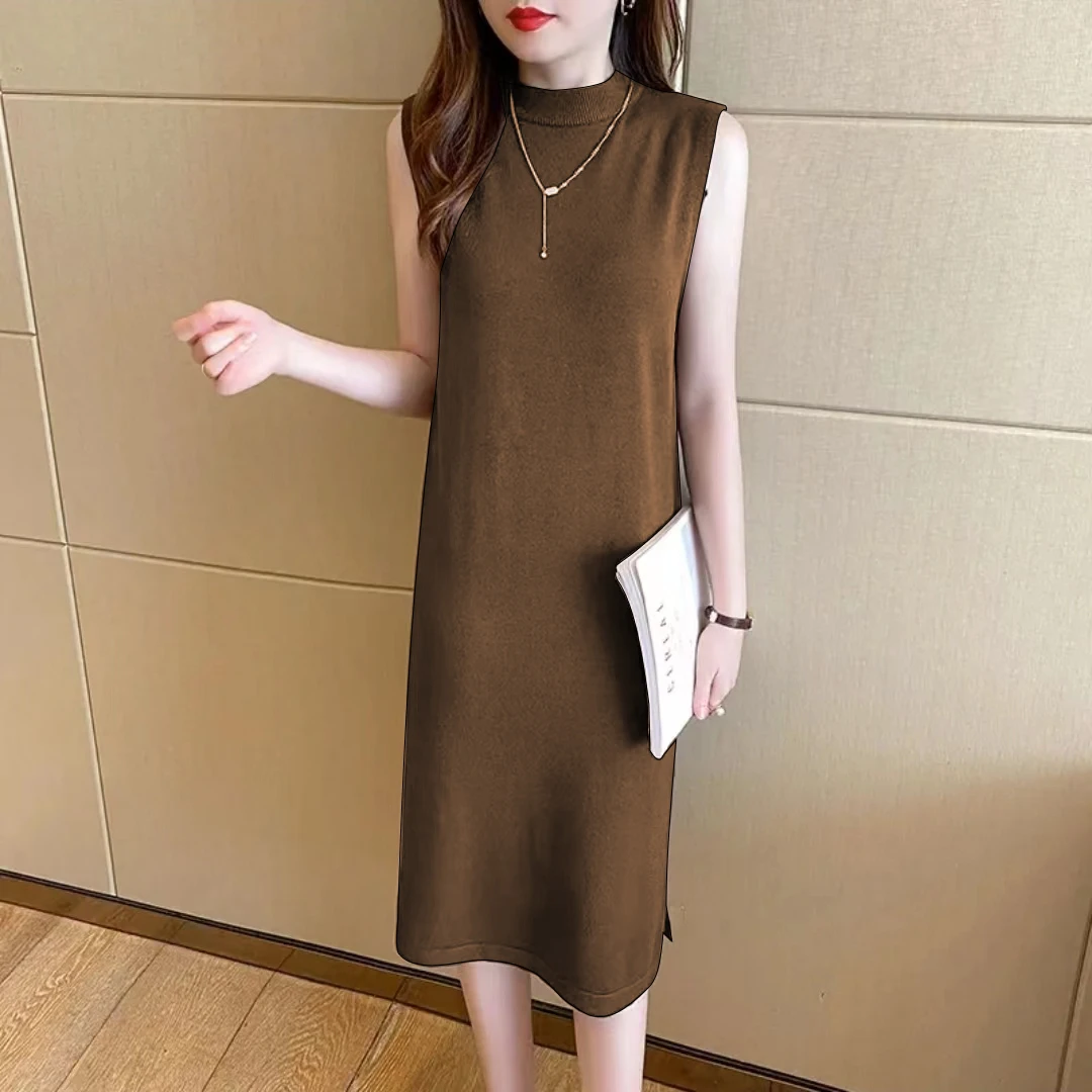 A  JD71005 半高领无袖针织裙长款修身裙