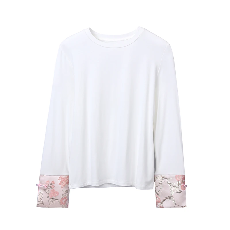 A F3239袖口刺绣打底衫中式国风长袖宽松修身