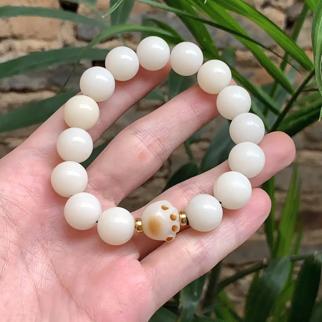 原生态白玉菩提配猫爪单圈手串