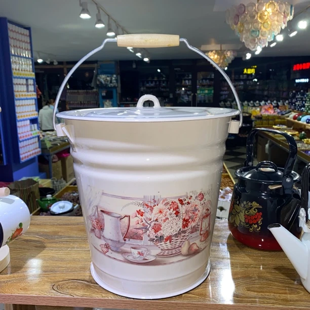 俄罗斯原装进口正品搪瓷米桶水桶有盖12升新款加厚多用桶可食物装
