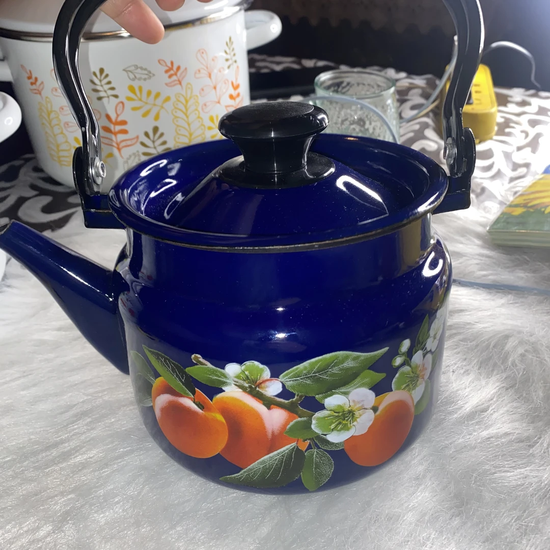 俄罗斯原装进口正品2升搪瓷怀旧复古奶茶壶手工泡壶手绘蓝色新婚