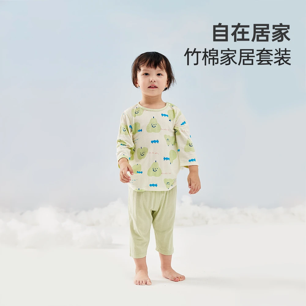 wellber/威尔贝鲁夏款竹棉汗布七分袖家居服套装薄款儿童款睡衣