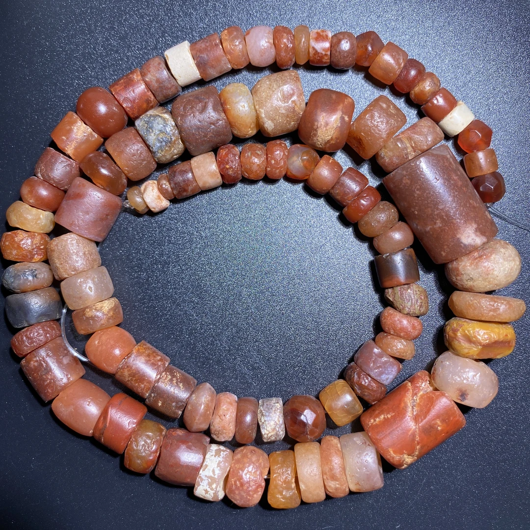 西亚古珠之美三千多年爆老玛瑙柿子红桶珠项链