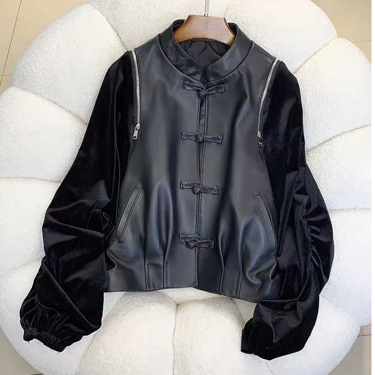 皮衣女时尚气质网红休闲复古宽松中式中国风重工拼接金丝绒ins