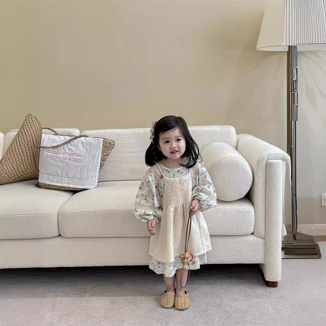 韩版童装2024新款秋季女童碎花泡泡袖连衣裙儿童洋气百搭吊带裙子