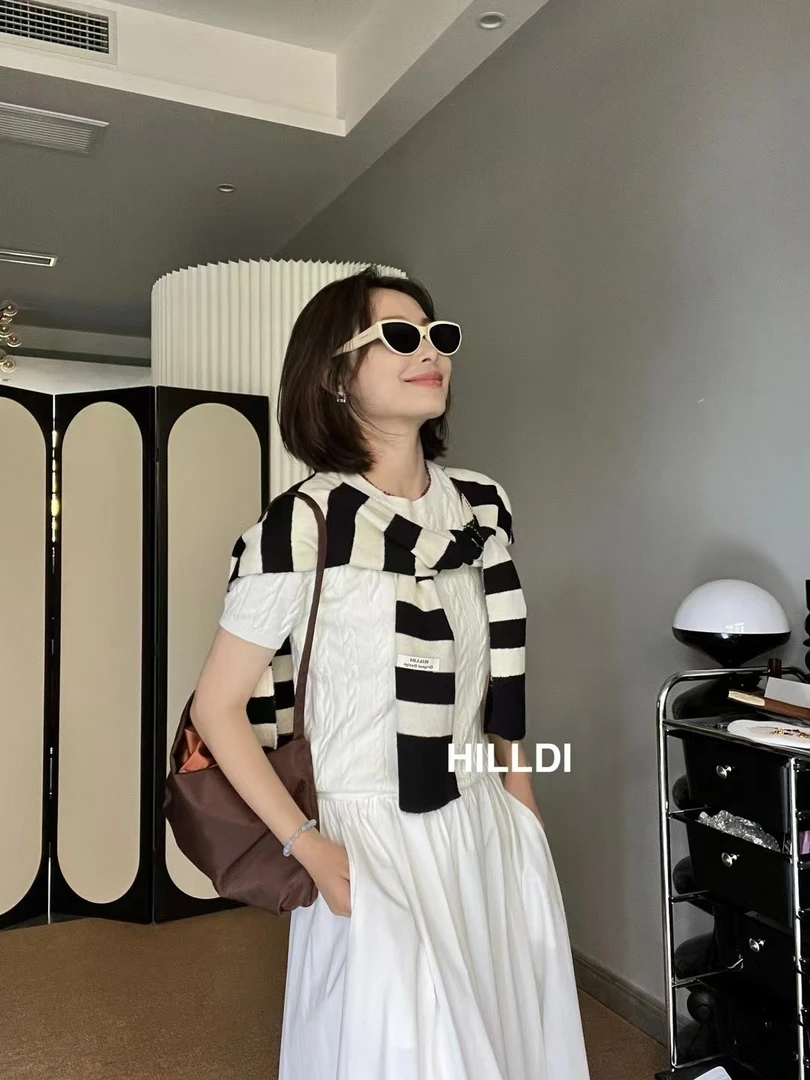 打结搭肩撞色条纹小披肩春秋季外搭针织时尚百搭围巾女护颈围脖