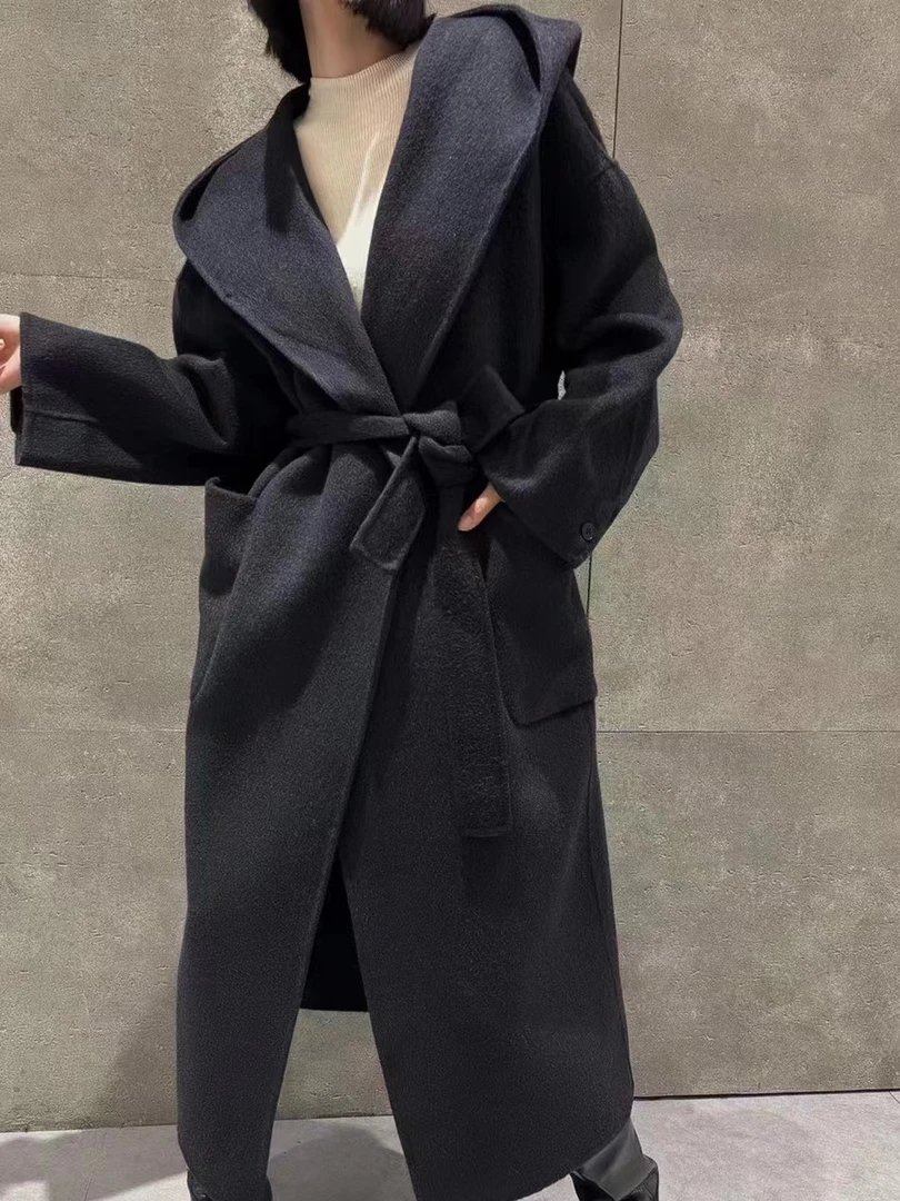 秋冬季简约双面羊毛大衣女连帽系带加长款高级感羊毛外套826