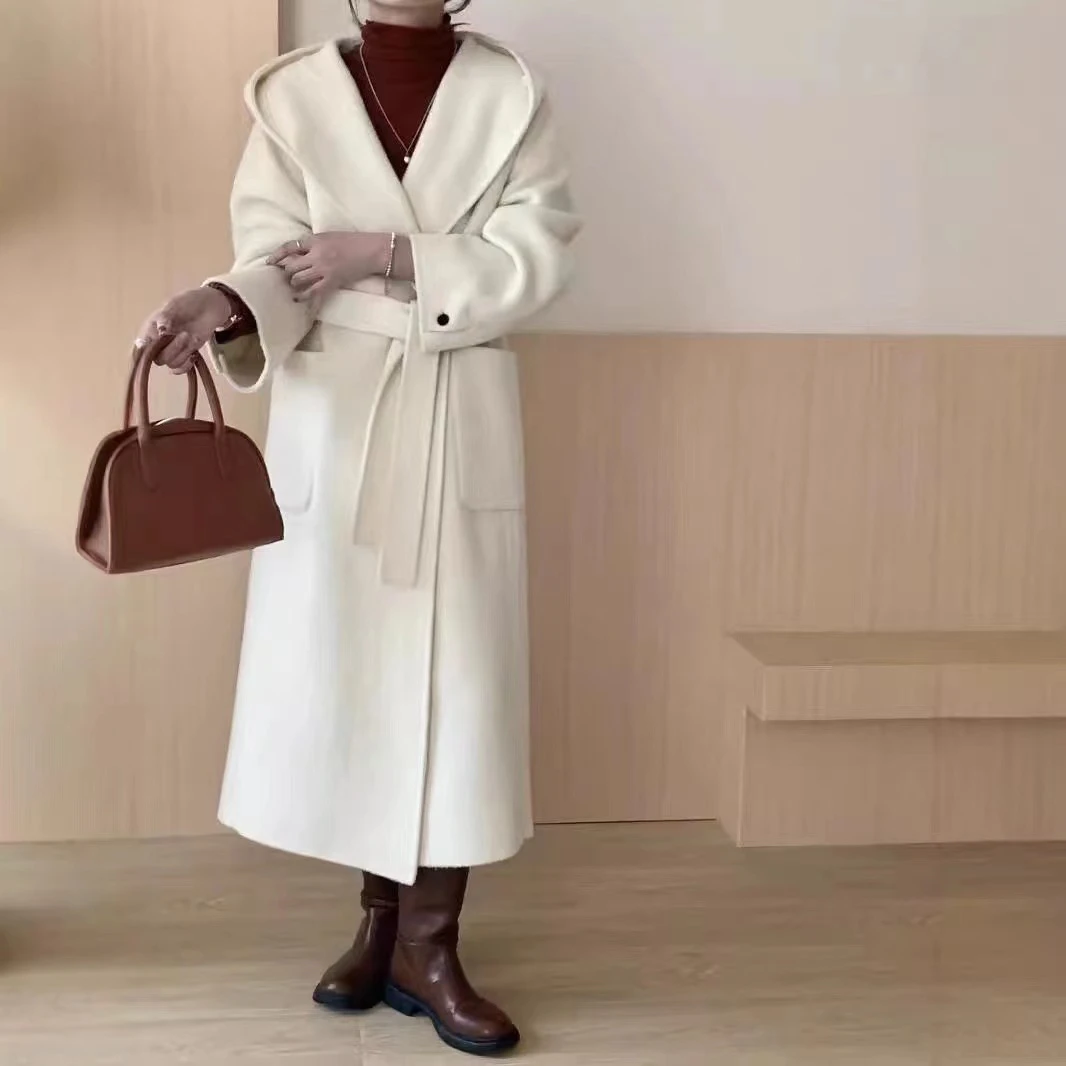 网红秋冬季简约双面羊毛大衣女连帽系带加长款高级感羊毛外套