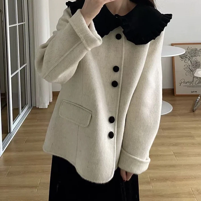 大码撞色荷叶领小香风短款小个子秋冬双面羊毛外套831