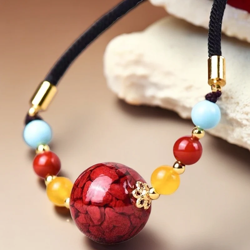 含辰砂工艺品朱砂晶体砂五福珠项链国风时尚女士饰品