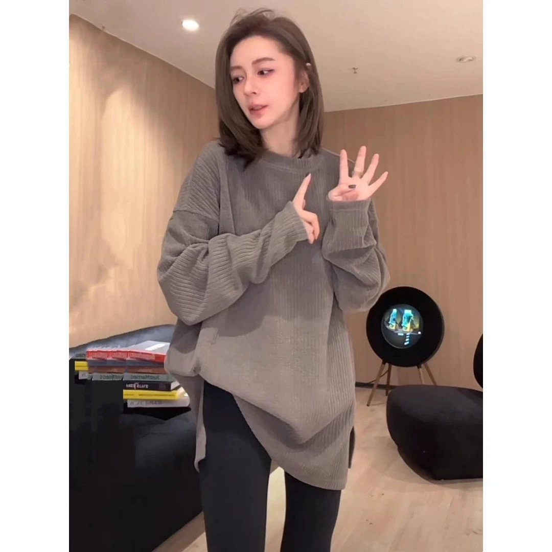 美拉德色系坑条长袖T恤加厚卫衣女秋季2024新款中长款开叉上衣潮