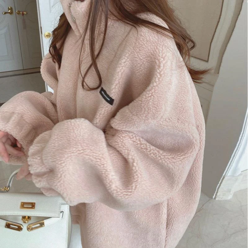 慵懒风宽松拉链加绒羊羔毛外套女秋冬款加厚保暖立领颗粒羊绒卫衣