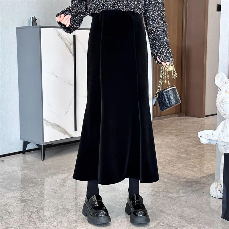 大码高腰丝绒半身裙女2024冬季新款胖MM高级感气质步步生莲鱼尾裙