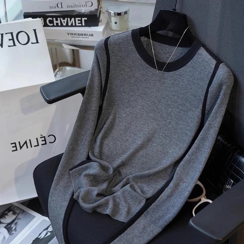 简约气质百搭圆领长袖套头打底衫小众撞色设计感羊毛针织衫上衣潮