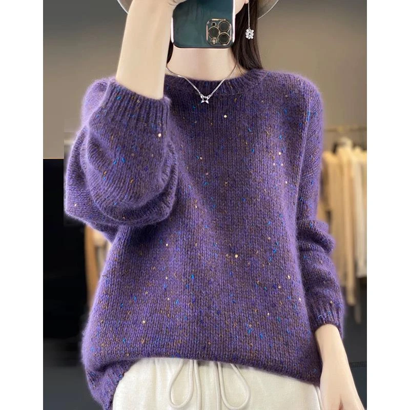 彩色亮片加厚圆领套头羊毛衣女欧货宽松休闲保暖打底内搭针织衫紫