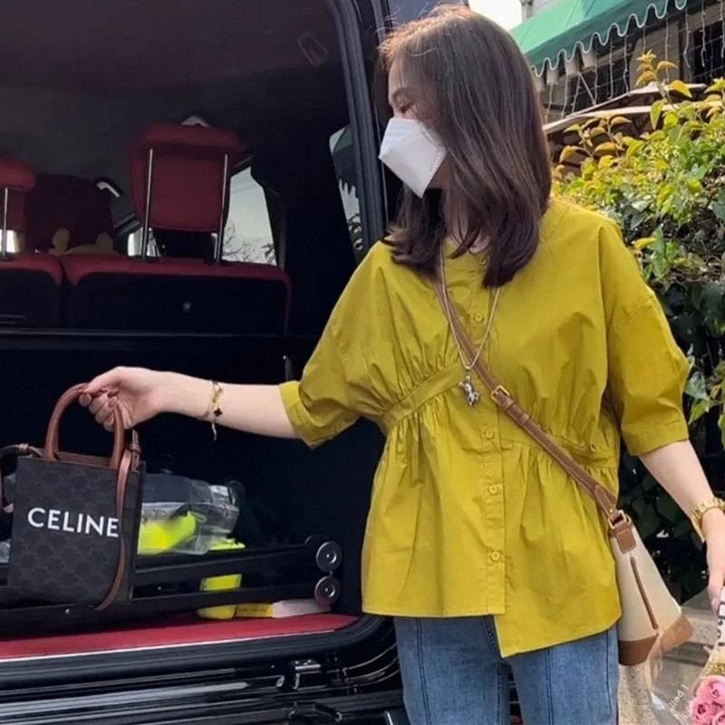 不规则短袖衬衫女春夏季欧货设计感拼接休闲前短后长减龄别致上衣