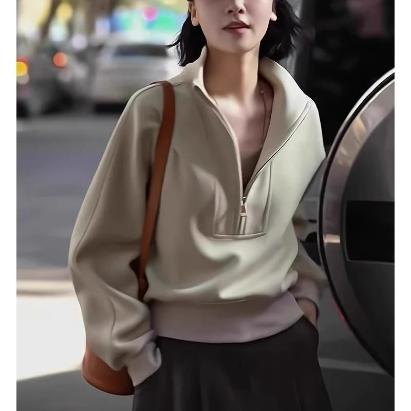 短款宽松休闲加绒加厚立领半拉链卫衣外套女款高级感春秋2024新款