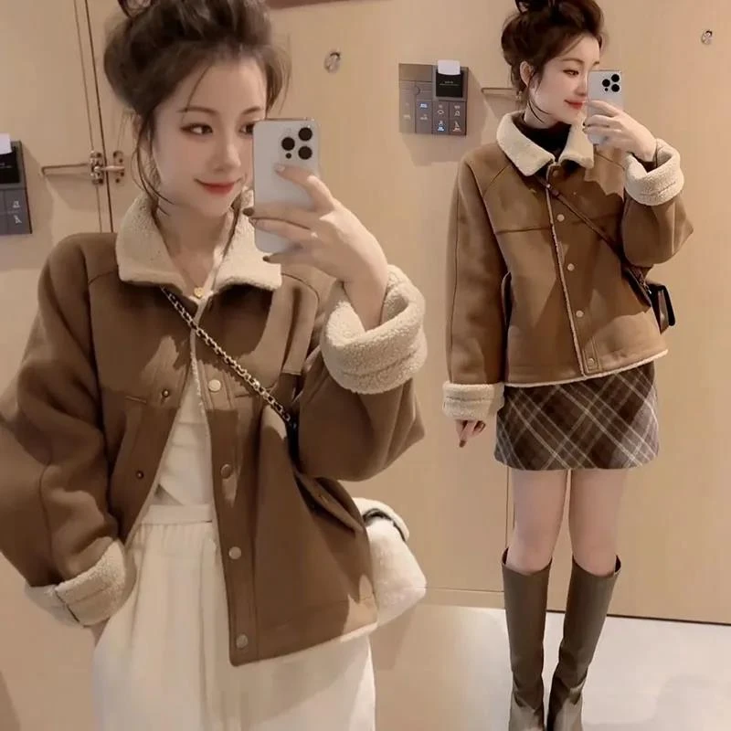 美拉德复古羊羔毛外套女2024秋冬新款小个子加厚保暖皮毛一体夹克