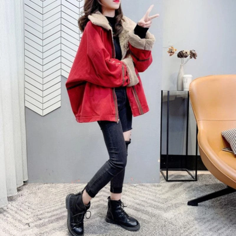 红色羊羔绒外套女冬加厚欧货加绒棉衣毛领棉服冲锋衣羊羔毛派克服