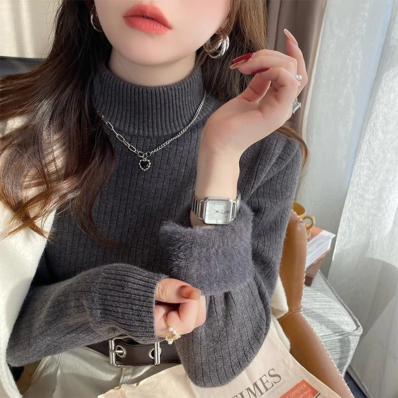 毛衣女冬季加厚半高领打底衫内搭2024新款秋冬洋气一体绒针织上衣