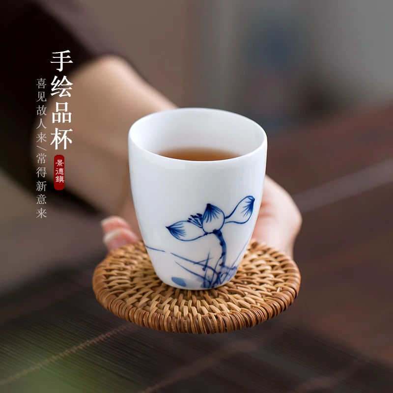 景德镇手绘闻香功夫茶具茶杯陶瓷单杯青花瓷白瓷小茶杯品茗杯茶盏