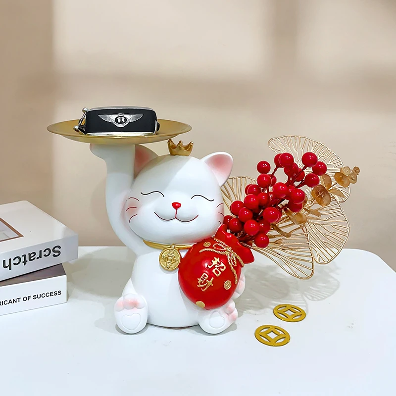新款招财猫入户玄关摆件钥匙收纳红浆果摆件客厅酒柜装饰品