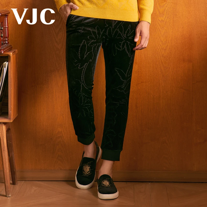VJC 秋冬新款男装九分休闲裤束脚丝绒提花卫裤 B23DP2502