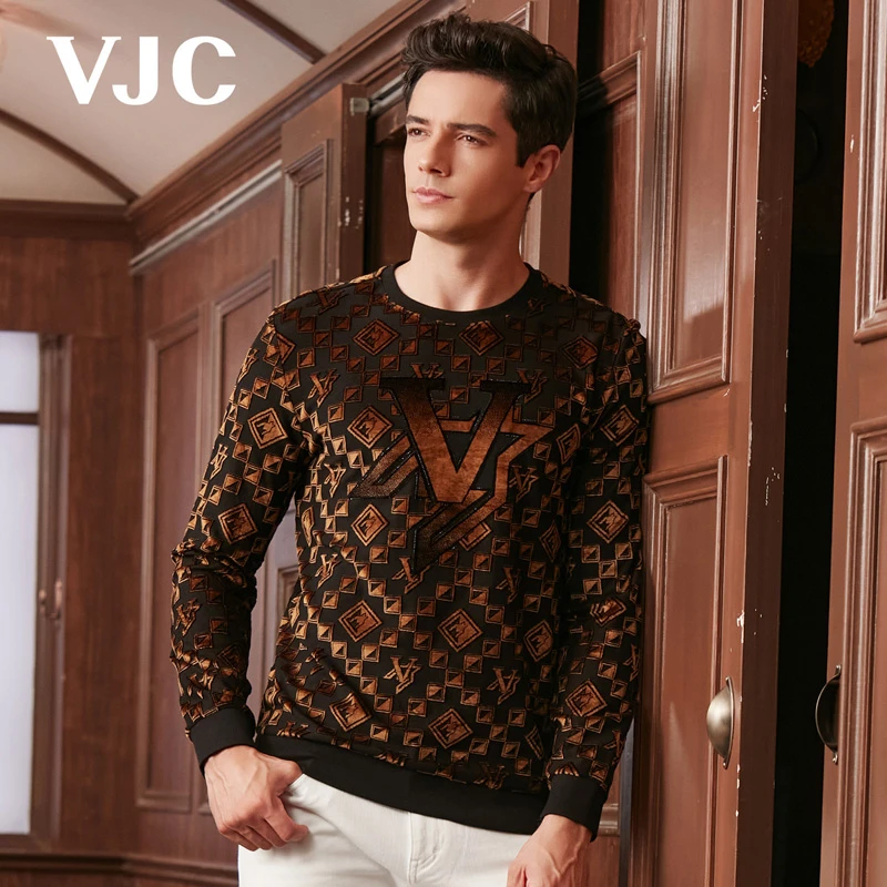 VJC/威杰思2023秋季新款男士丝绒卫衣复古老花高级感B22DE1268