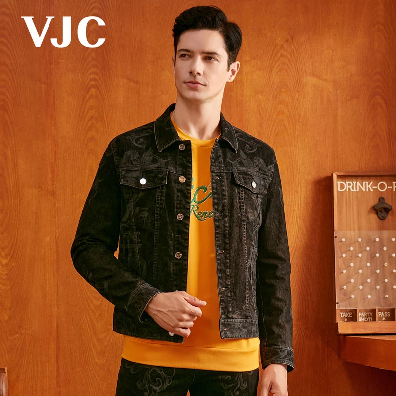 VJC/威杰思秋季新款男装牛仔夹克时尚满印外套上衣 B23CF2436