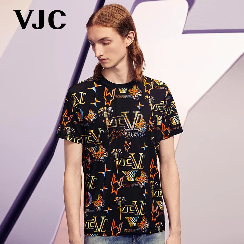 VJC/威杰思2025春夏新品休闲潮流印花短袖T恤圆领撞色B24BA1005