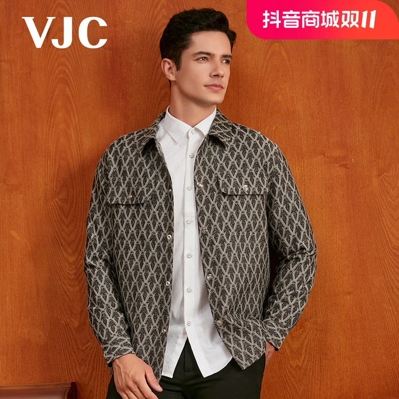 VJC/威杰思秋季新款男士翻领时尚休闲撞色满印外套B23CB2112