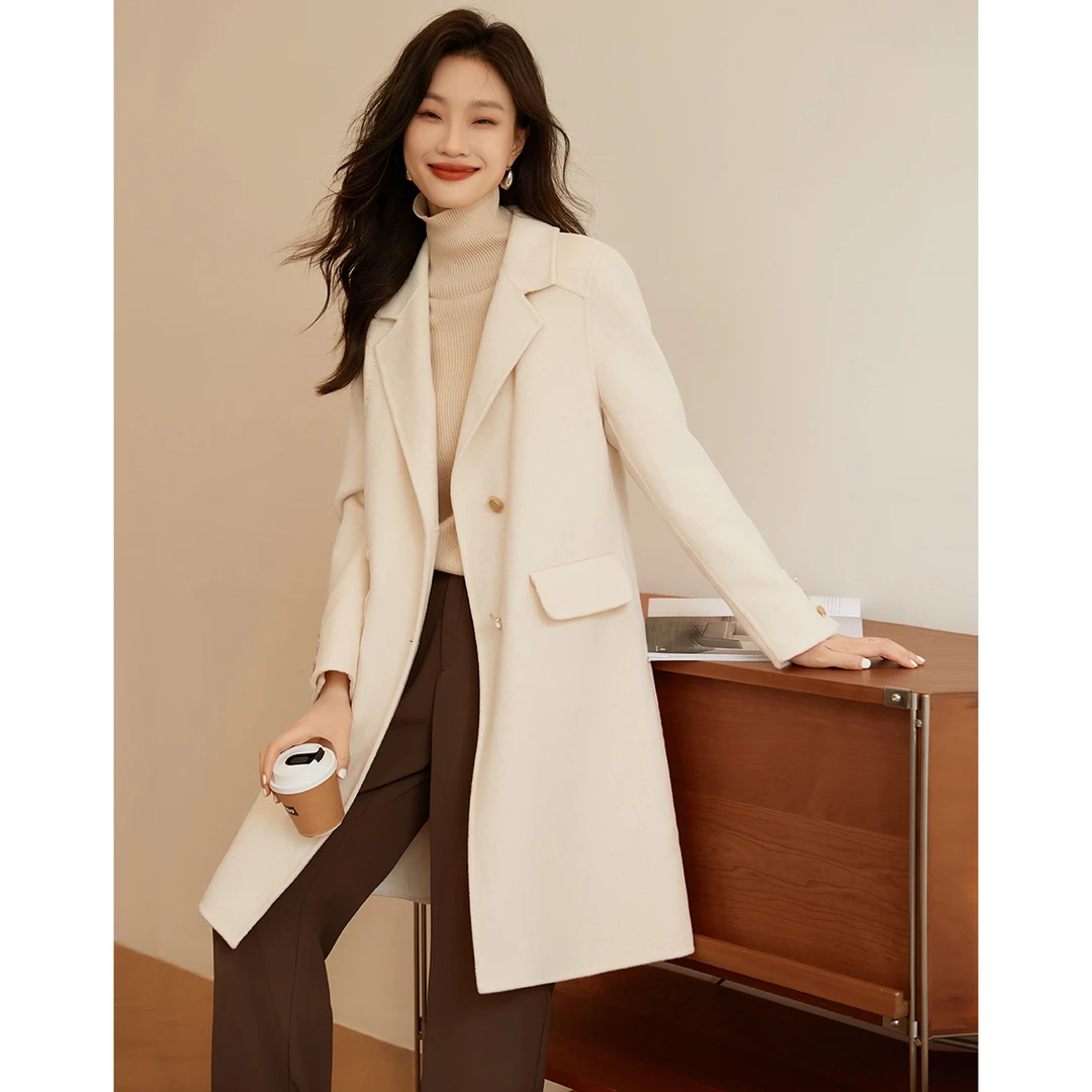 沫晗依美23年冬新款手工双面呢羊毛大衣手工刺绣毛呢大衣热力感