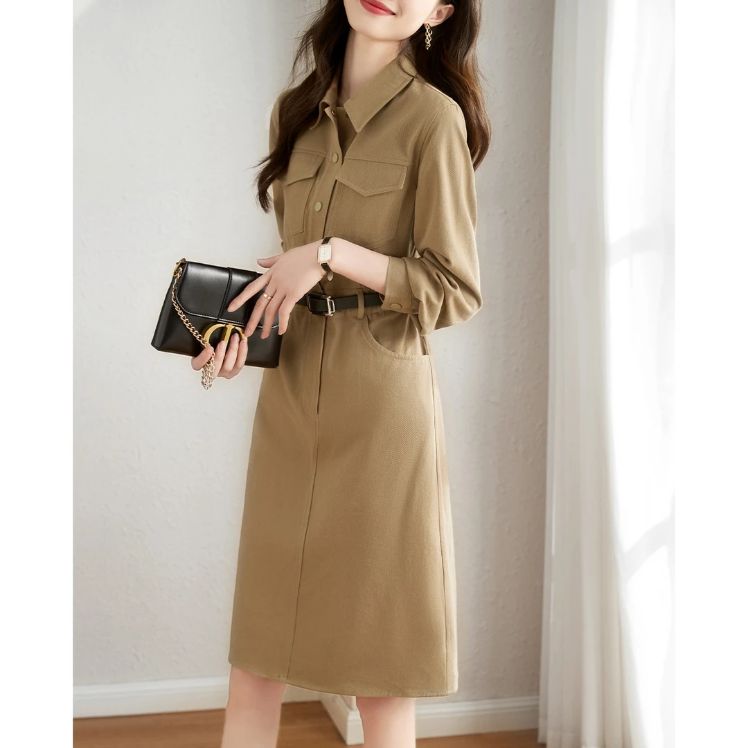 XWI/欣未时尚连衣裙23秋季修身显瘦型精致翻领收腰裙子75抖音金卡