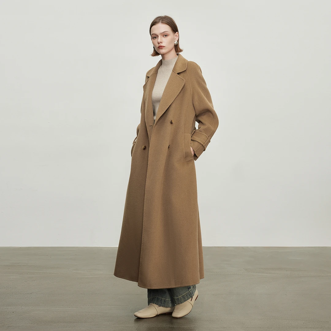 IHIMI/海谧简约长款手工双面呢羊毛大衣冬季新款毛呢大衣