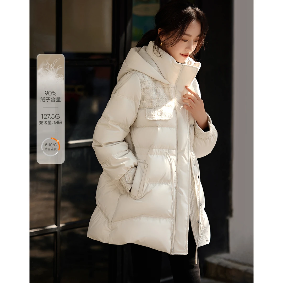 沫晗依美冬新款女收腰韩版连帽羽绒服小香风拼接小格子暗纹羽绒服