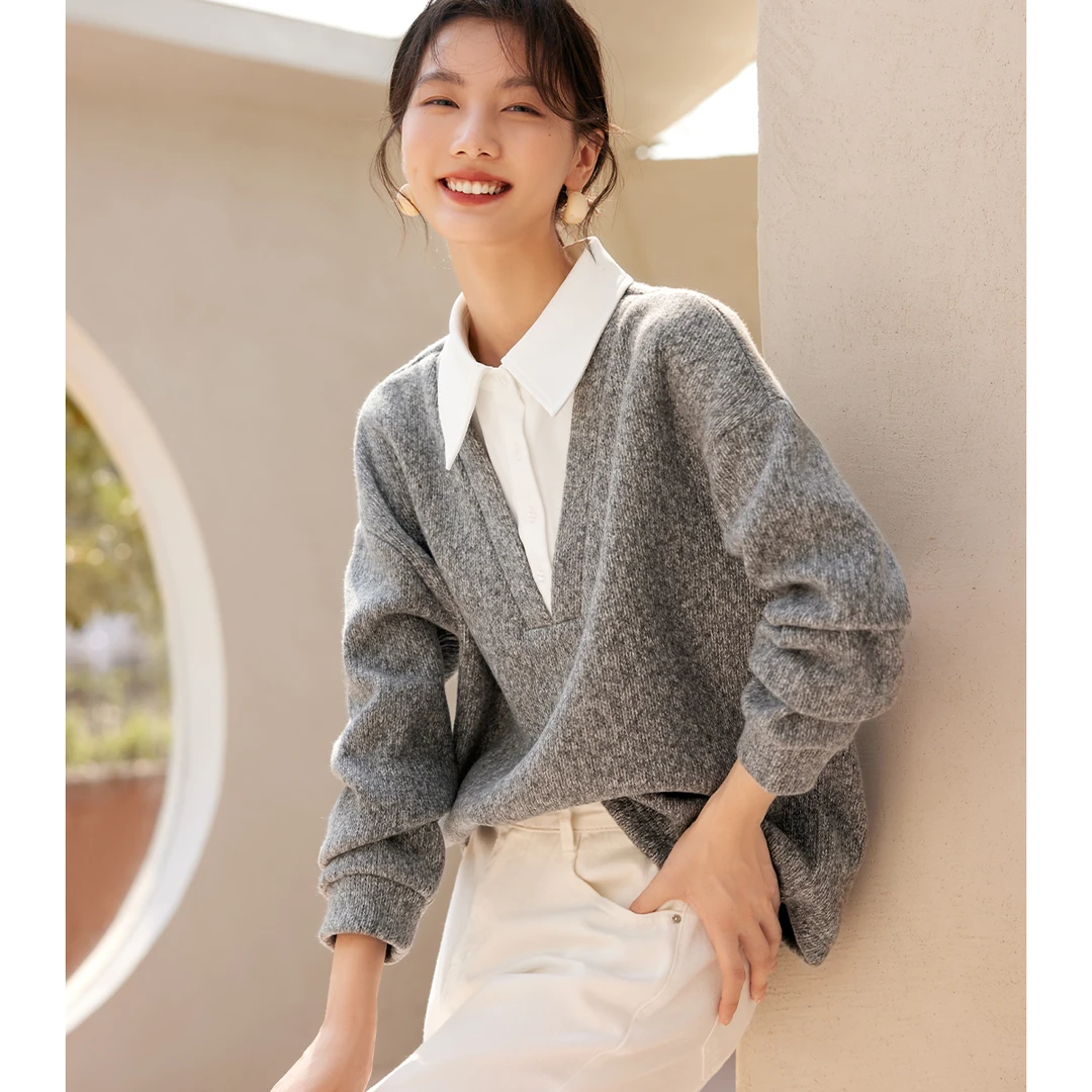 XWI/欣未2023秋冬新款经典通勤百搭舒适假两件落肩休闲女卫衣