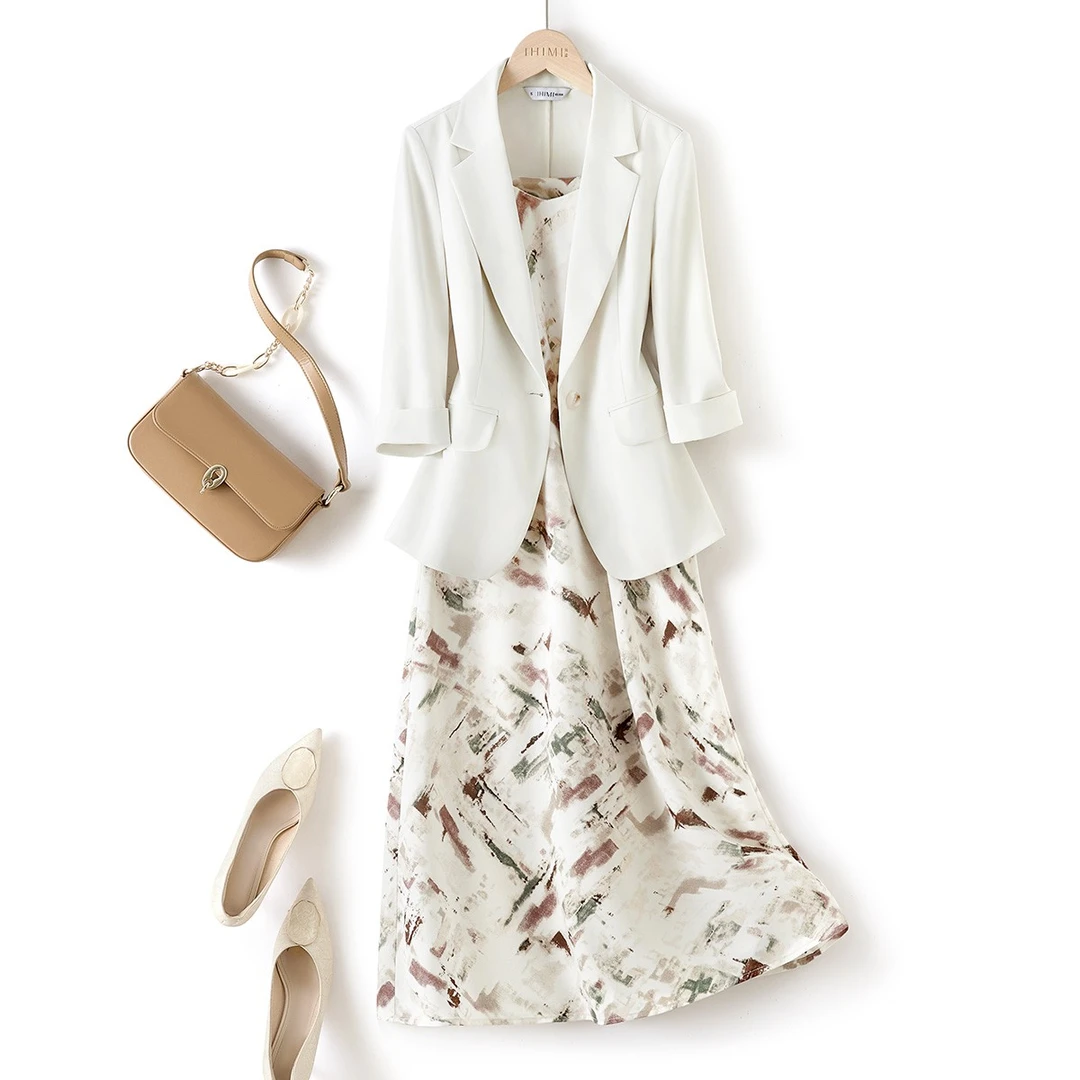 IHIMI/海谧2025年夏季新款女装简约吊带连衣裙西装外套两件套套装