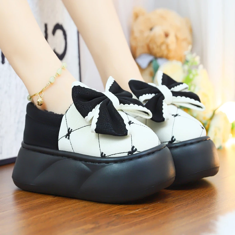 棉拖鞋女士冬季新款室内家居加绒加厚防水防滑厚底蝴蝶结棉拖