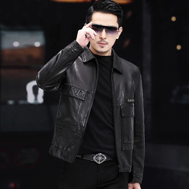 海宁新款皮衣男修身翻领短款皮夹克修身男士青年休闲潮流外套
