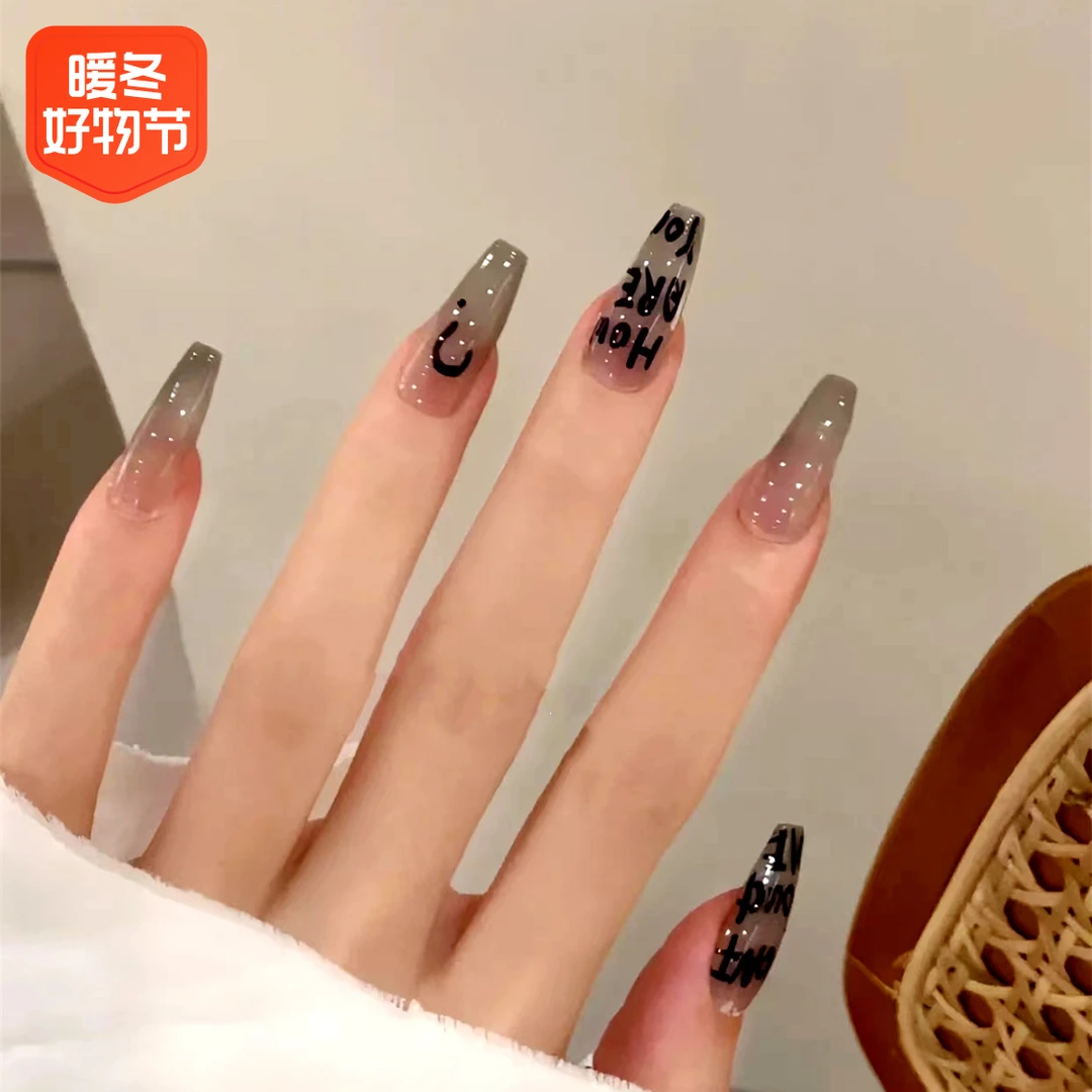 纯手工穿戴甲超显白透黑英文字母冷淡暗黑欧美风美甲贴假指甲贴片