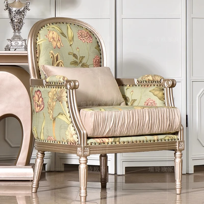 美式乡村复古实木单人沙发椅客厅布艺老虎椅艺术田园高靠背休闲椅